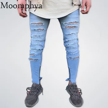 

Moomphya 2018 Hole Jogger Skinny Jeans Men Biker Jeans Pencil Pant Mens Zipper Ripped Jeans for Men