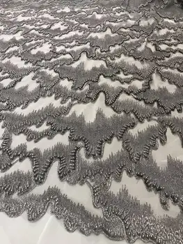 

5 yards super delicate heavy beaded gray embroidered lace fabric, wavy floral lace fabrics, gold new design haute couture fabric