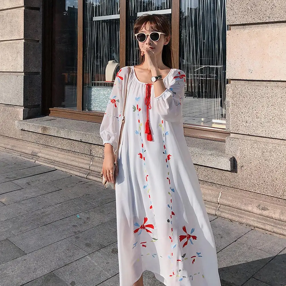 

Yfashion Women Summer Elegant Bohemian Style Vintage Embroidery Chiffon All-match Long Dress
