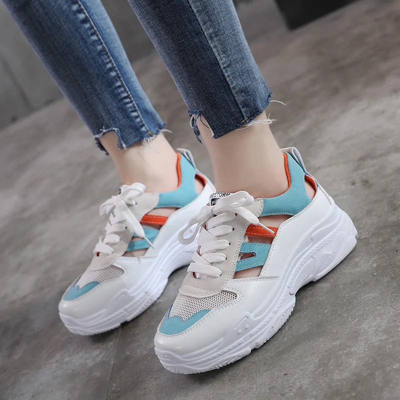 

2018 Summer Hollow Casual Shoes Women Flat Platform Shoes Ladies Breathable Mesh Chunky Sneakers Female Thick Sole Shoes White