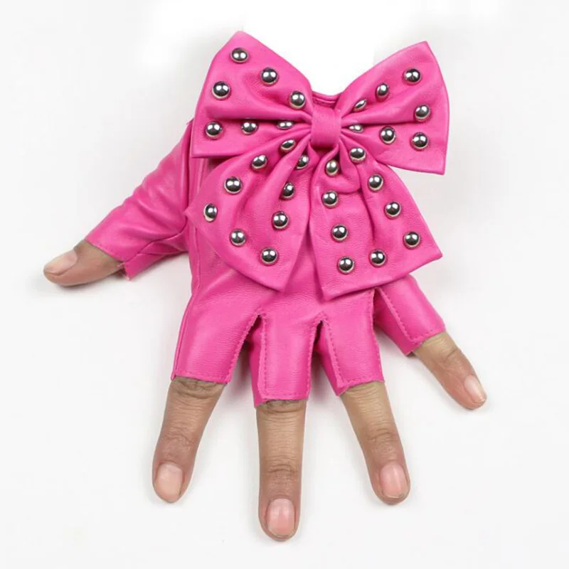 Модные женские панковские танцевальные перчатки с заклепками, Женские Спортивные Перчатки для фитнеса из искусственной кожи с бантом, тактические перчатки Luvas Guantes S85 - Цвет: S83 Pink