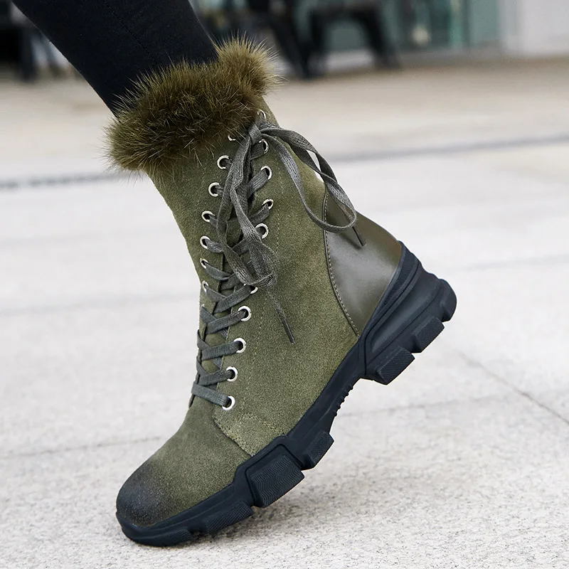 

SWYIVY Snow Boots Woman High Top Fur Woman Winter Boots 2019 Genuine Leather Woman Booties Fashion Motorcycel Ankle Female Shoes