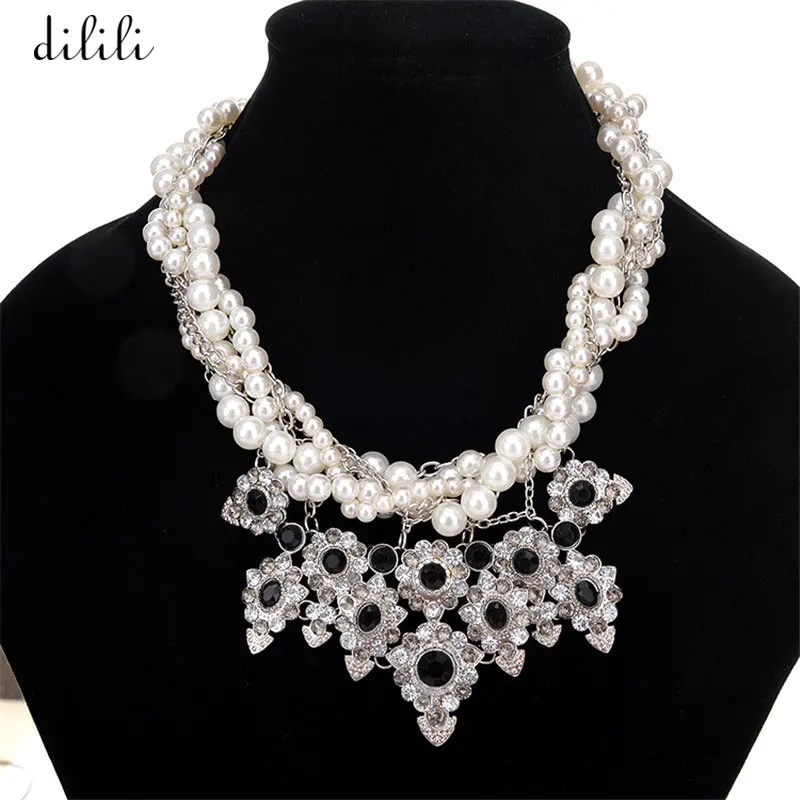 Retro Imitation Pearl Multilayer Strand Necklace Statement Rhinestone Pendant Big Necklaces Women Collar de mujer CZ9188 | Украшения и