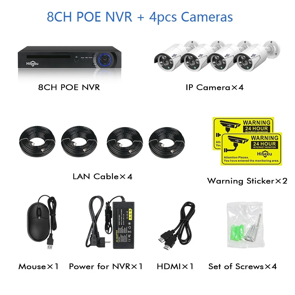 H.265 48 В 8CH 4MP POE NVR система наружная PoE IP CCTV камера безопасности Водонепроницаемая инфракрасная Hiseeu