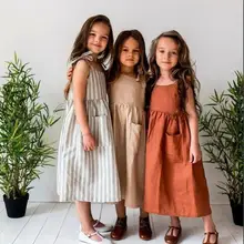Ins/ платье для девочек в европейском и американском стиле, льняная летняя одежда для малышей, Повседневная модная одежда для девочек