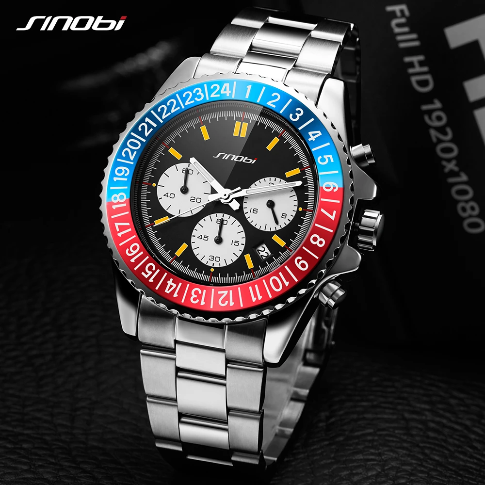 SINOBI New Luxury Men Watch Rotatable Bezel Full Steel Submariner series Watch Top Brand Luxury Chronograph Quartz Watch Relogio