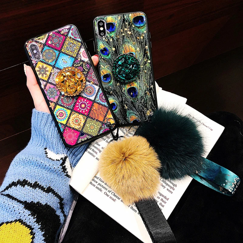 Glitter DIY Fur Hair Ball+Crystal Bracket+Strap Phone Case For Samsung S8 S9 Plus Note 8 9 For iphone 6 6s 7 8 Plus XS MAX XR Glitter DIY Fur Hair Ball+Crystal Bracket+Strap Phone Case For Samsung S8 S9 Plus Note 8 9 For iphone 6 6s 7 8 Plus XS MAX XR