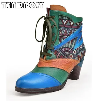 

New women boots autumn and winter retro print bootsies Genuine leather Lace-UP round head boots national style women booties