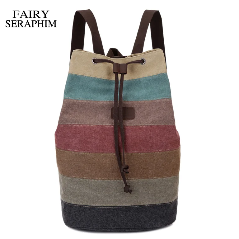 

FAIRY SERAPHIM waterproof striped string bags women ladies high fashion trend washed canvas backpack students preppy rucksack