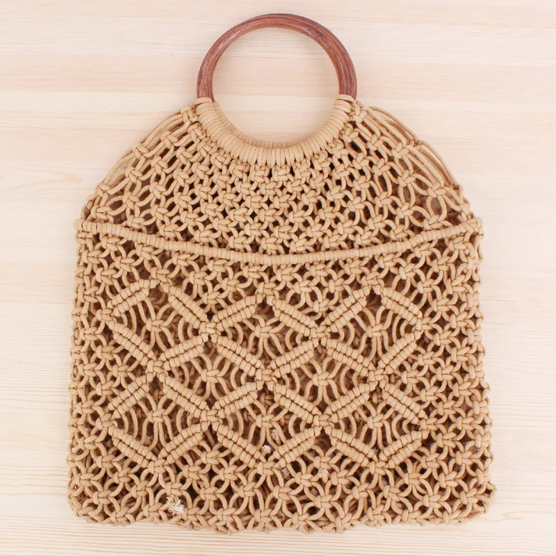 

Popula Cotton Rope Hollow Straw Bag Sheer Macrame Tote wooden ring rattan handle Net Bag Vintage Retro Chic handbag