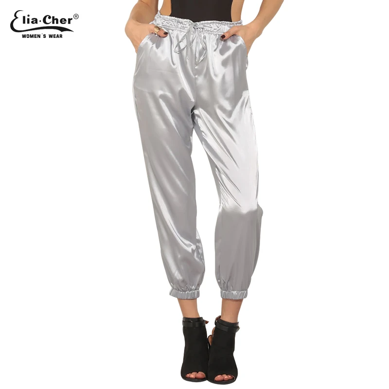 Offre Speciale Ete Femmes Rayonne Pantalon Decontracte Large Jambe Pantalon Satin Taille Cravate Jour Pantalon Argent Grande Taille Femmes Pantalon 8415 Aliexpress