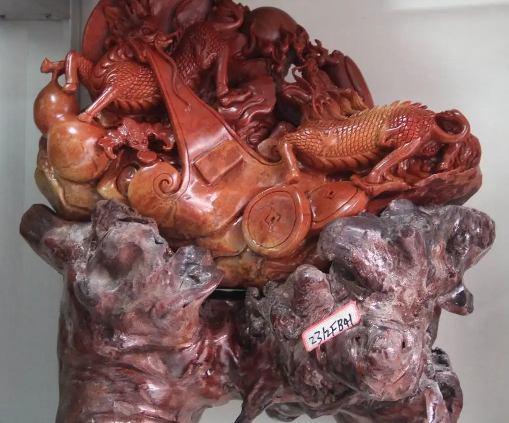 

16"Natural Shoushan Stone Fengshui Wealth 2 Beast Kylin Kirin Gourd Bat Statue