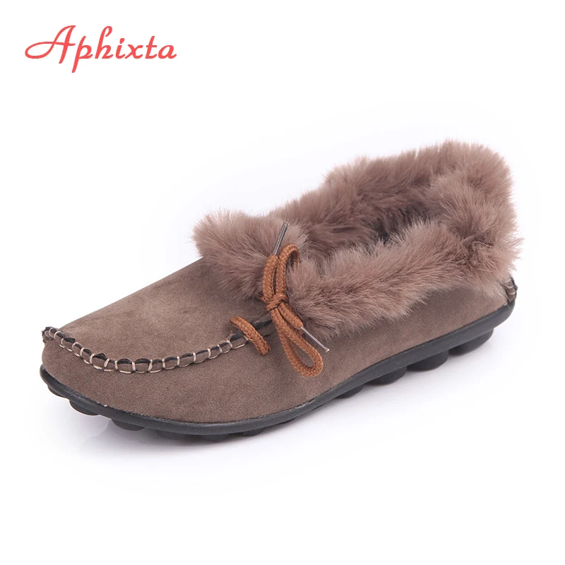 Aphixta/лоферы; женская обувь на плоской подошве; теплая зимняя обувь на меху с круглым носком; женская повседневная обувь без застежки; zapatos de mujer; обувь размера плюс
