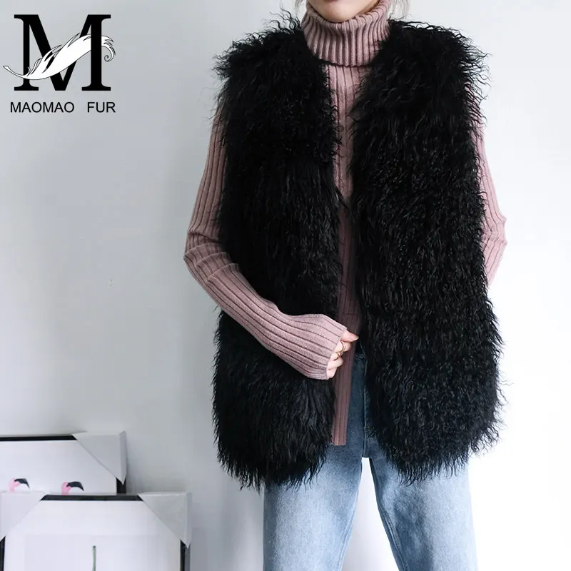 Natural Mongolian Sheep Lamb Fur Full Pelt Vests Women Winter Real Lamb