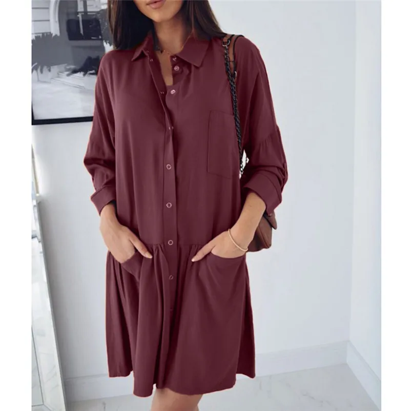 Fashion casual dress 2018 women autumn Long Sleeve Loose Pocket shirt dress Blouse elegant Dress robe female vestido O26#N (2)
