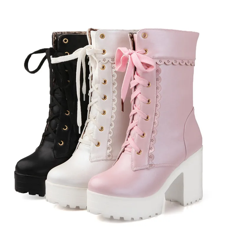 

US4-11 Womens Platform Ankle Boots Fur Fleece Liner Warm Winter Snow Shoes Thick Punk Motorcycle Lace Up 3Colors Plus Size A1366