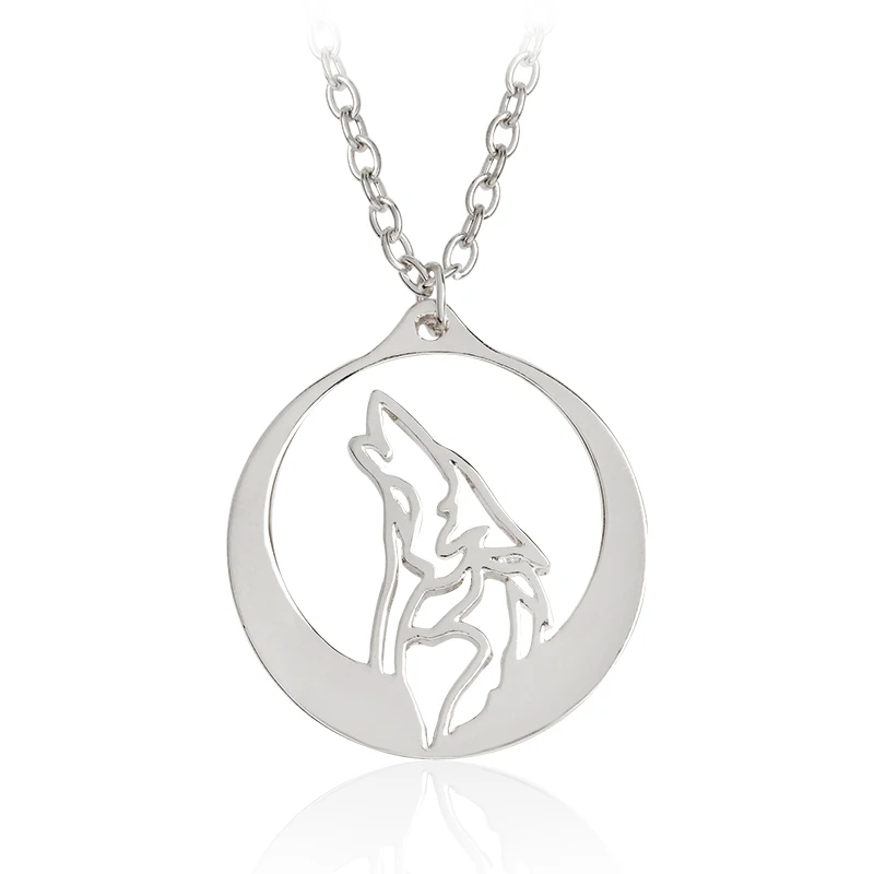 Howling Wolf With Silver Moon Pendant Necklace Gold Ethnic Animal Necklaces Men Boy Friend Simple Fashion Jewelry