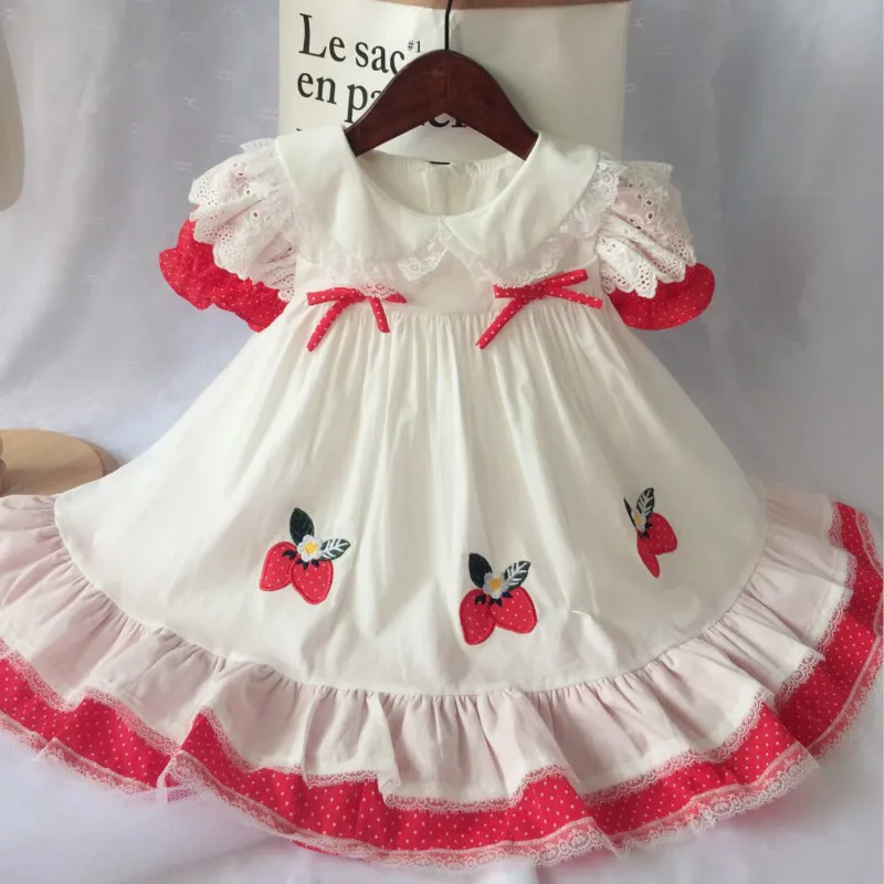 

2019 Summer Spanish Vitange Quality Dress Cool Breathable Strawberry Pattern Maid Wind Lace Dress Baby Girl Clothes 2-6years Old