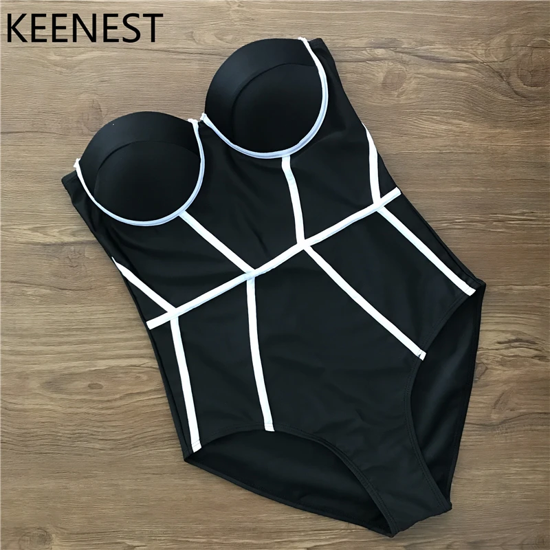 

KEENEST Corset Black One Piece Swimsuit One Piece Swimwear Swimsuit Push Up Mmonokini Bathing Suit