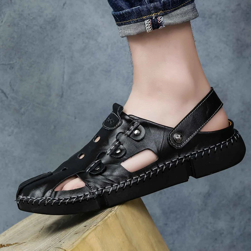 

19 Genuine Leather Men Sandals Outdoor Gladiator Rome Men Shoes Flats Beach Sandals Soft Non-slip Plus Size 48 Business Sandals