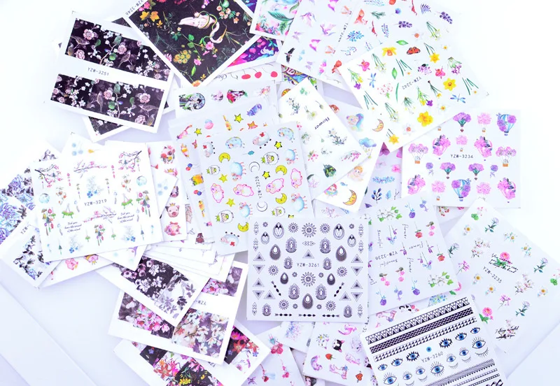 48pcs Watercolor Floral Flower Sticker Nail Decal Set Flamingo Letter Design Gel Manicure Decor Water Slider Foil