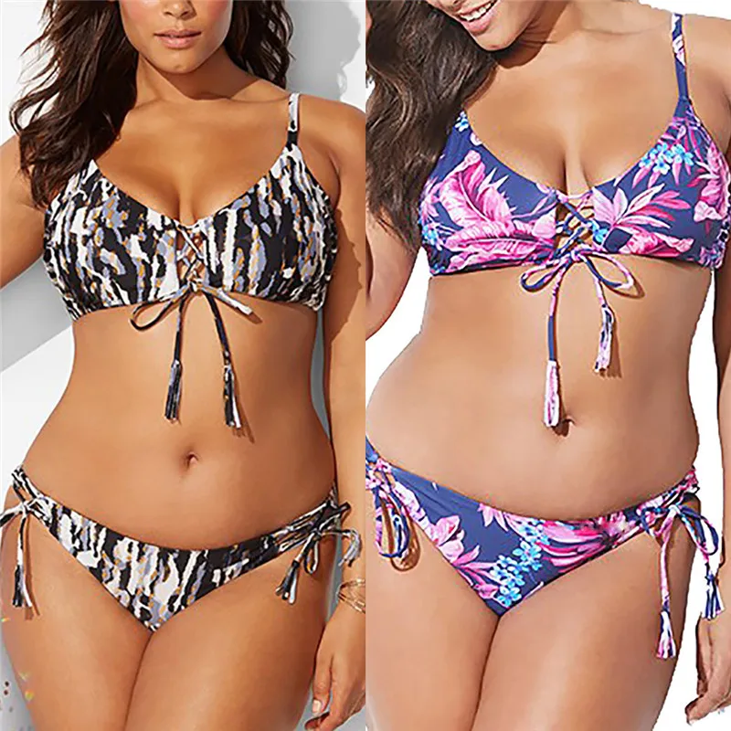 

Women's Swimsuit Bikini Solid Set Women's Large Size Split Print Tie Sexy Bikini Swimsuit Filled Bra Swimwear Beachwear
