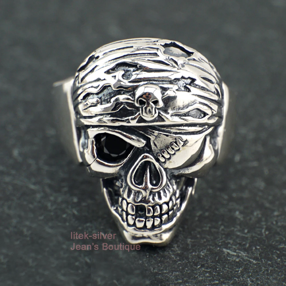 

925 Sterling Silver Skeleton Pirate Skull Rock Punk Adjustable Ring for Men A3666