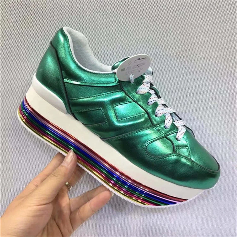 

Genuine Leather Candy Colors Platform Wedges Metallic Leather Women Shoes Round Toe Lace Up Gladiator Party Dress Shoes Woman40