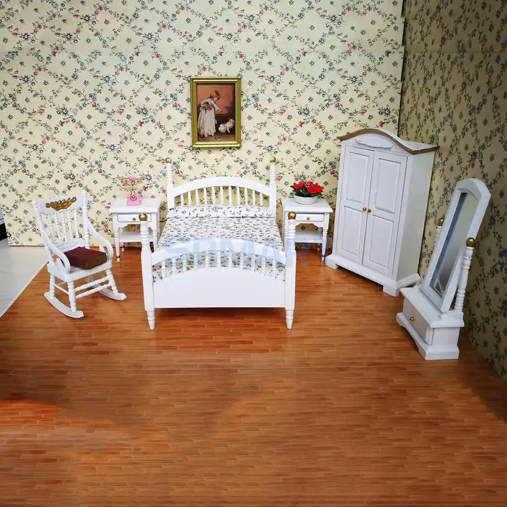 Contemporary style 1/12 Dollhouse Miniature Furniture Bedroom Floral Bed Wardrobe Chair Bedside Table Set Kids Pretend Play Toy