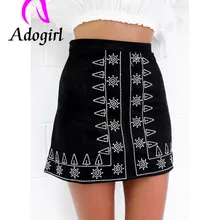 Adogirl вышивка узорные Прямые Мини Юбки Высокая талия патч работы Леди Короткая юбка обёрточная бедра черная мини-юбка