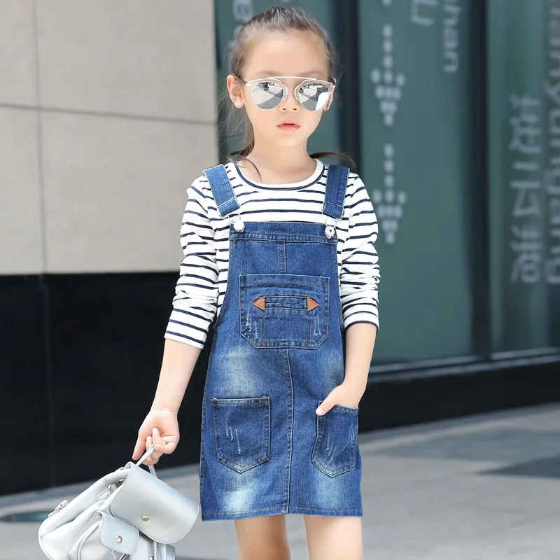 

2017 New Girls Skirts Spring Summer Girl Strap Denim Skirts Casual Skirts Fashion Mini Dresses for Girls Kids Skirts 4-10Y