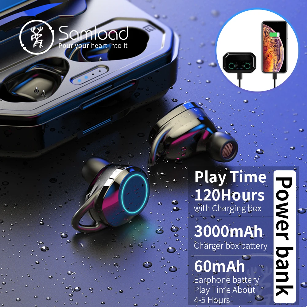 Samload auriculares inalámbricos Bluetooth 5,0 3D profundo bajo IPX7 al aire libre inalámbrico auriculares con 3000 mAh Banco de la energía para IOS Android - 2