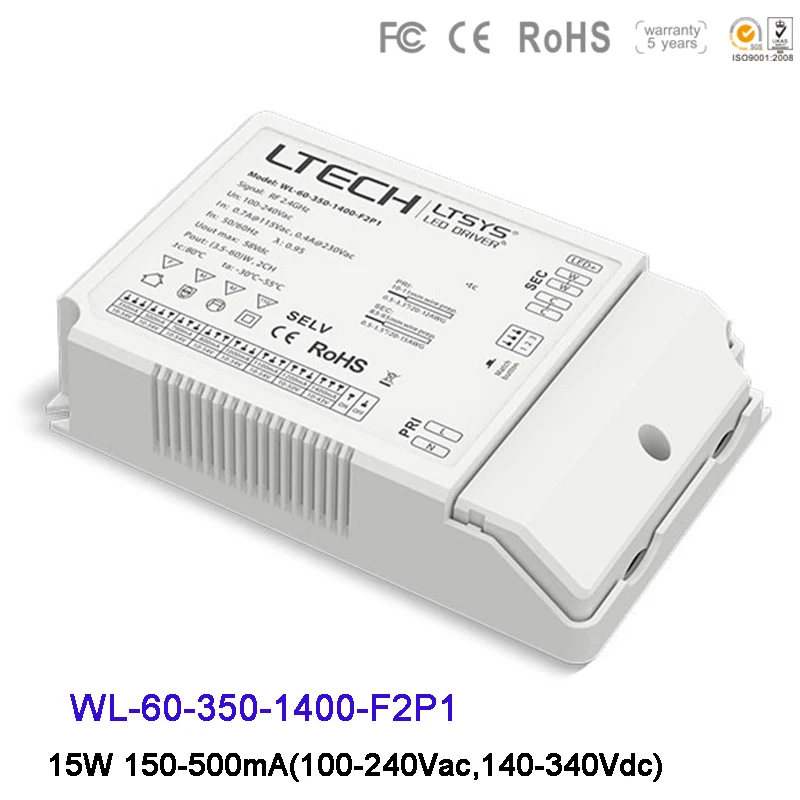 

LTECH WL-60-350-1400-F2P1 LED Intelligent Driver 15W 150-500mA(100-240Vac,140-340Vdc) Power supply for led light