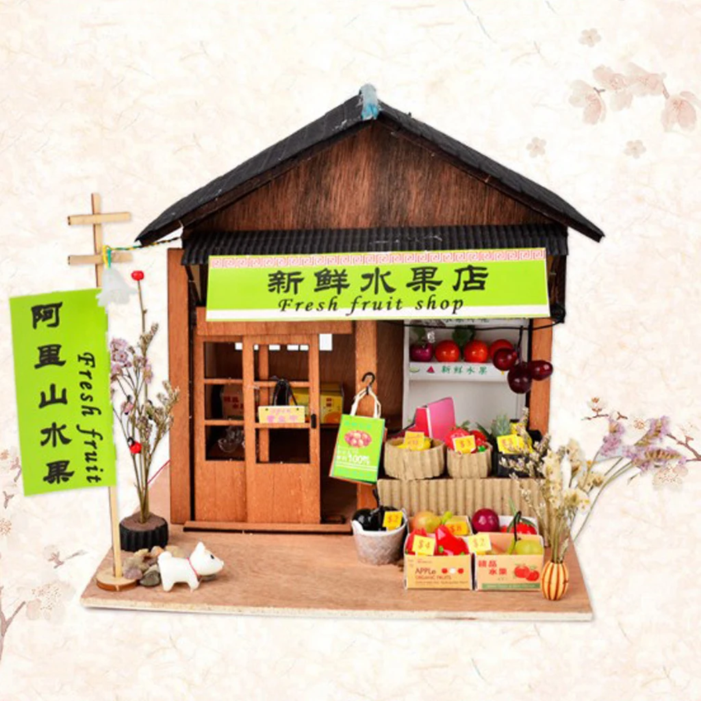 DIY Handcraft Miniature Project Wooden Dolls House Chinese Style Architecture Fresh Fruit Store Kids Birthday Gift