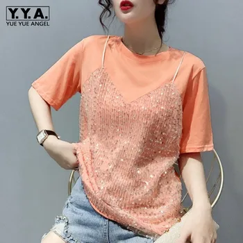 

Shiny Shiny Sequined Summer Women Casual T-shirt Short Sleeve Fake Two Piece Tees Tops Streetwear Harajuku Lady Korean T-shirts