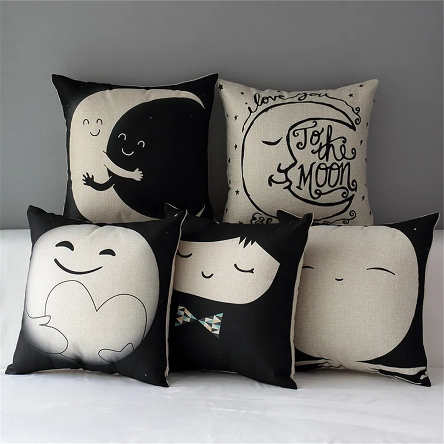 18" Square Black Cute Moon Cotton Linen Cushion Sofa Decorative Throw