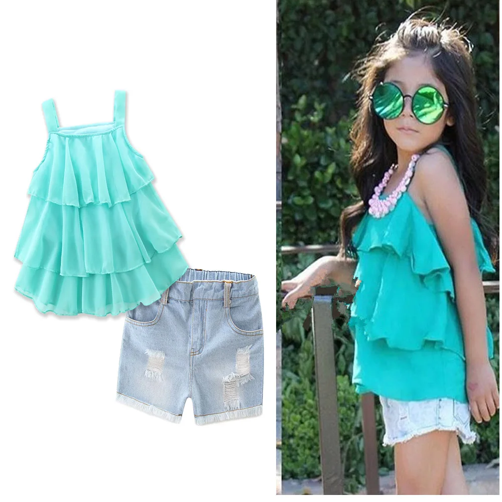 

2017 Summer Baby Girl Clothing Set Fashion Condole belt+Cowboy Shorts Kid Girl Summer Sleeveless Children Girl Clothes Set