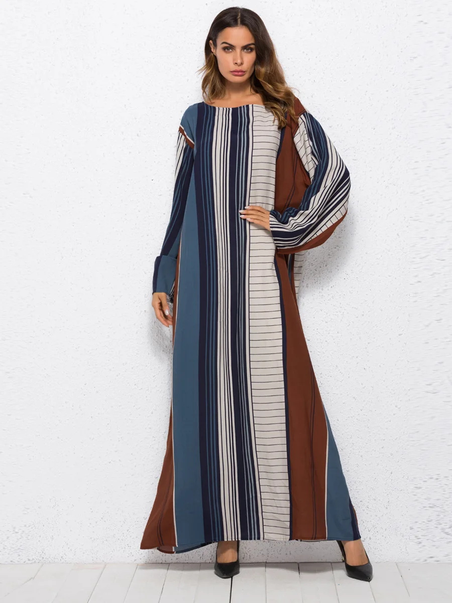 

Fashion Elegant Striped Maxi Dress Cotton Muslim Abaya Kimono Long Robe Gowns Jubah Middle East Arab Ramadan Islamic Clothing