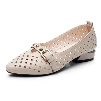 

Summer Genuine Leather Women's Shoes Fashionable Low Heel Coarse-heeled Soft Hollow Out Shoes White