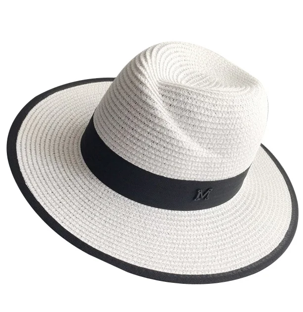 2017 New Fashion Summer Black White Large Brim Straw Fedora Hat For