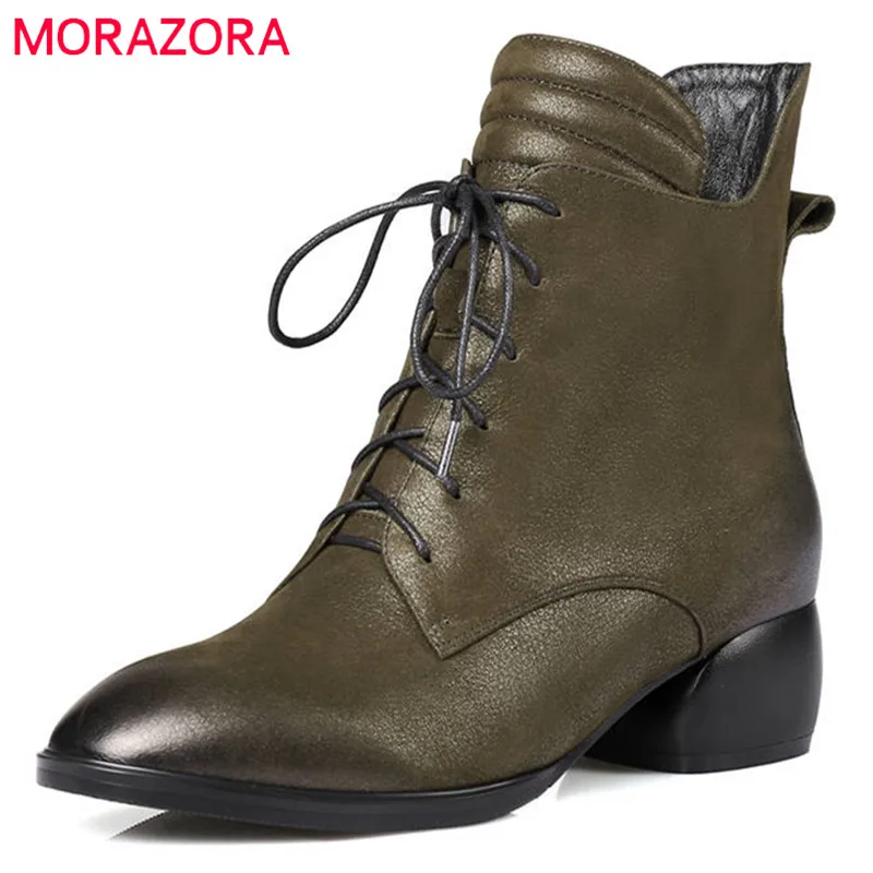 

MORAZORA 2020 new arrival genuine leather boots women round toe zipper ankle boots keep warm autumn winter square heels shoes