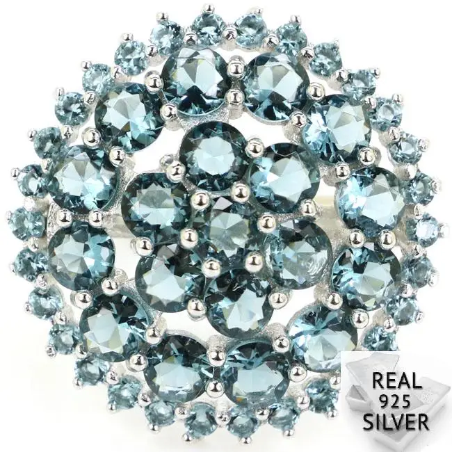 

5.0g Real 925 Solid Sterling Silver London Blue Topaz Round Ladies Engagement Rings US sz 7.5# 25x25mm