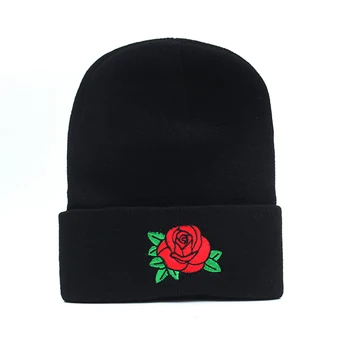 

Rose Floral Embroidery Rose Hat Winter Men And Women Cuff Hats Soft Solid Beanies Hip Hop Unisex Warm Knitted Caps Gorros De