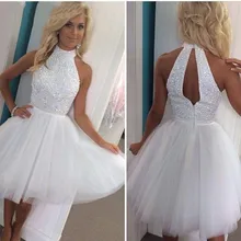 Heißer Verkauf Weiß Tüll A Line Homecoming Kleider Reizvolle Backless High Neck Gefrieste Prom Party Kleider Weiß Cutsom Gemacht