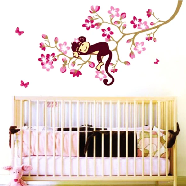 Peach Blossom Sleeping Monkey Animal Tree Branch Removable Art Decal Peach Blossom Sleeping Monkey Animal Tree Branch Removable Art Decal Wall Sticker For Kids Baby Room