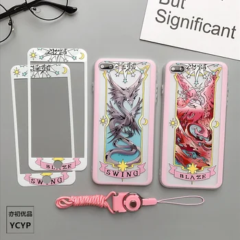 

For iPhone 7 plus flame back case & front tempered glass film for iPhone X 6 6s plus manga hard case for iphone 8 plus + strap