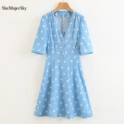SheMujerSky милые голубое летнее женское платье с принтом листьев v-образным вырезом платья с короткими рукавами Элегантный bodycon