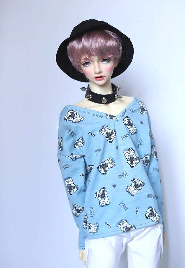 

BJD doll shirt blue V-collar slippery shoulder bulldog printing T-shirt for 1/3 1/4 BJD SD DD MSD SD17 doll clothes accessories
