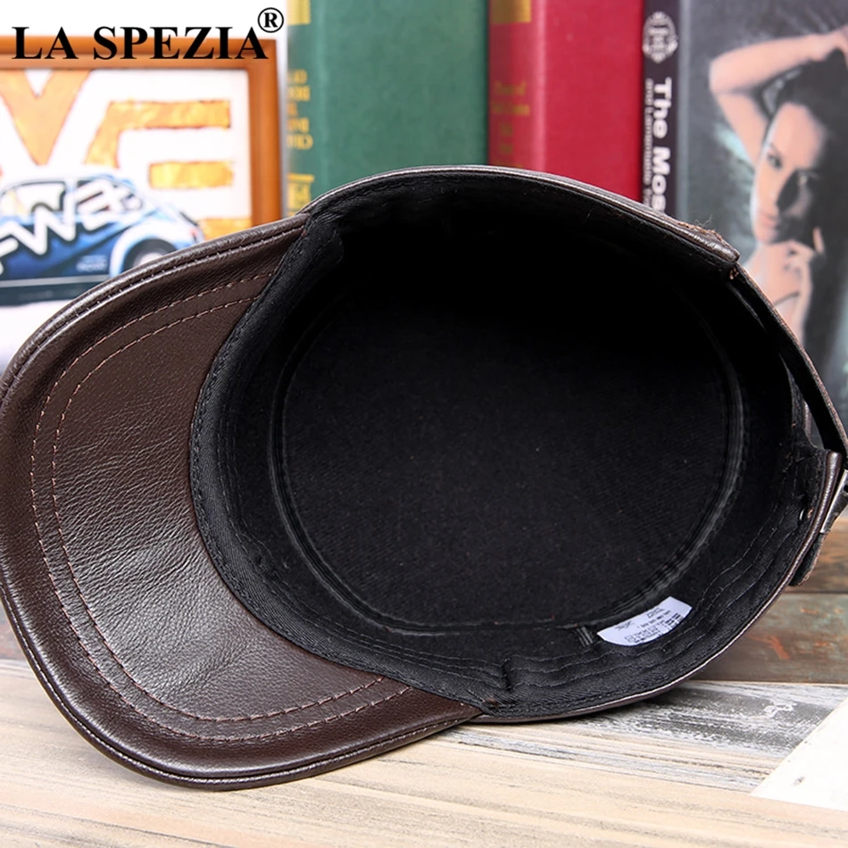  LA SPEZIA Military Hat Men Leather Army Cap Brown Adjustable Duckbill Caps Flat Berets Genuine Cow 