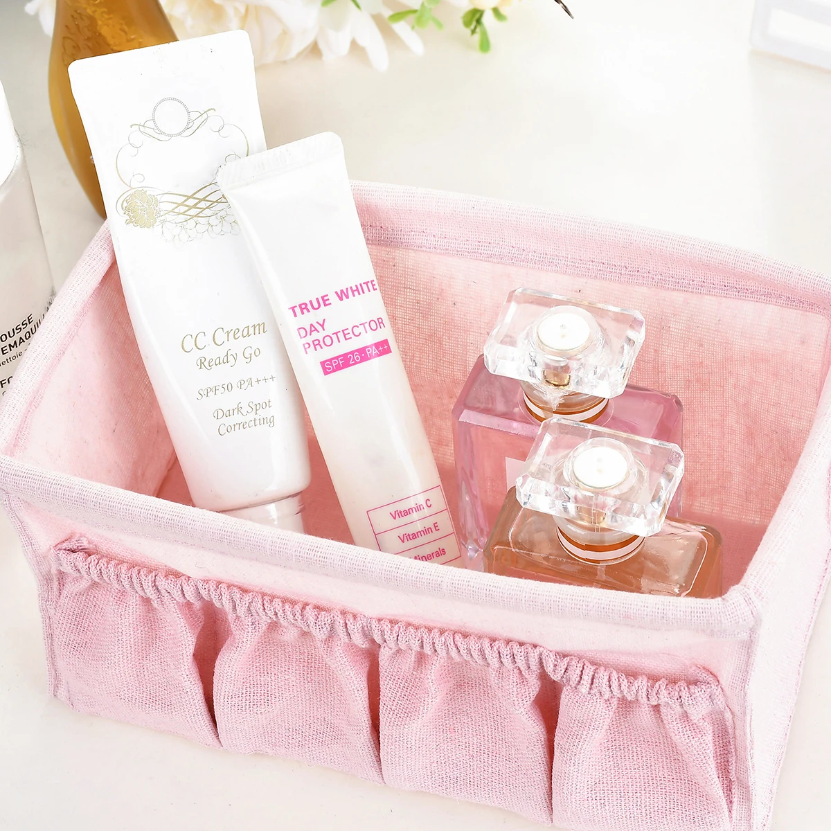 

Fabric Makeup Storage Of Cosmetics Make Up Organizer Box Dressing Table Jewelry Bag Cosmetic Makeup Organizer Basket White